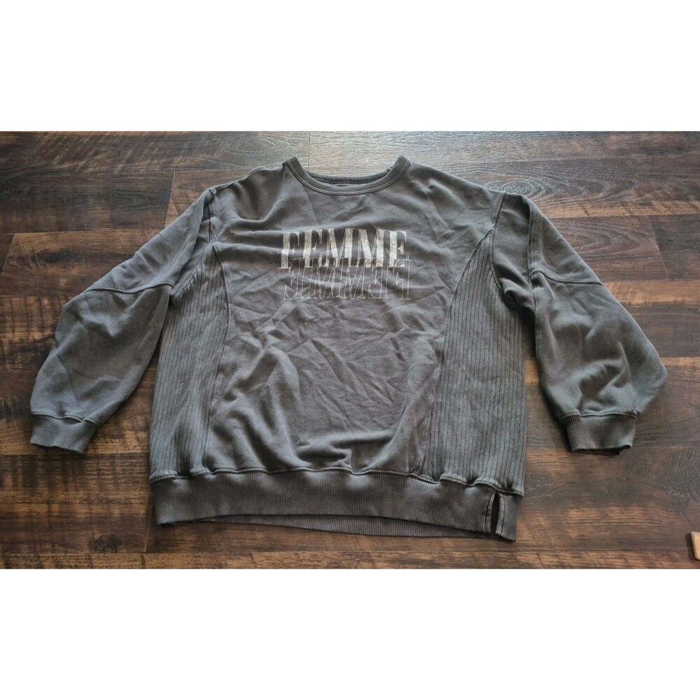 Aerie Femme Graphic Oversized Sweatshirt Washed Black/Gray Med Crewneck Pullover
